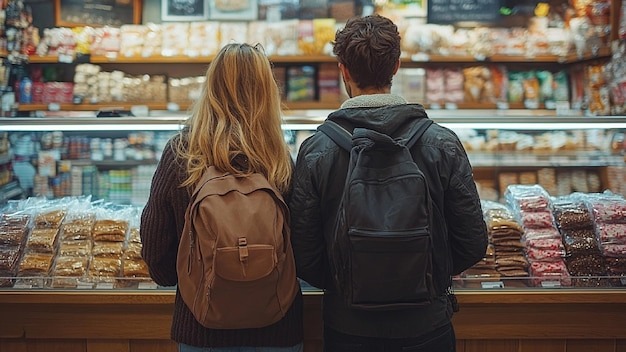 Two individuals with backpacks stand side by side admiring a colorful display of sweets and snacks at a bustling market while the sun sets