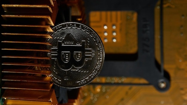 A fan with a bitcoin on it sits on a computer chipxAcryptocurrency bitcoin on a chip blockchain