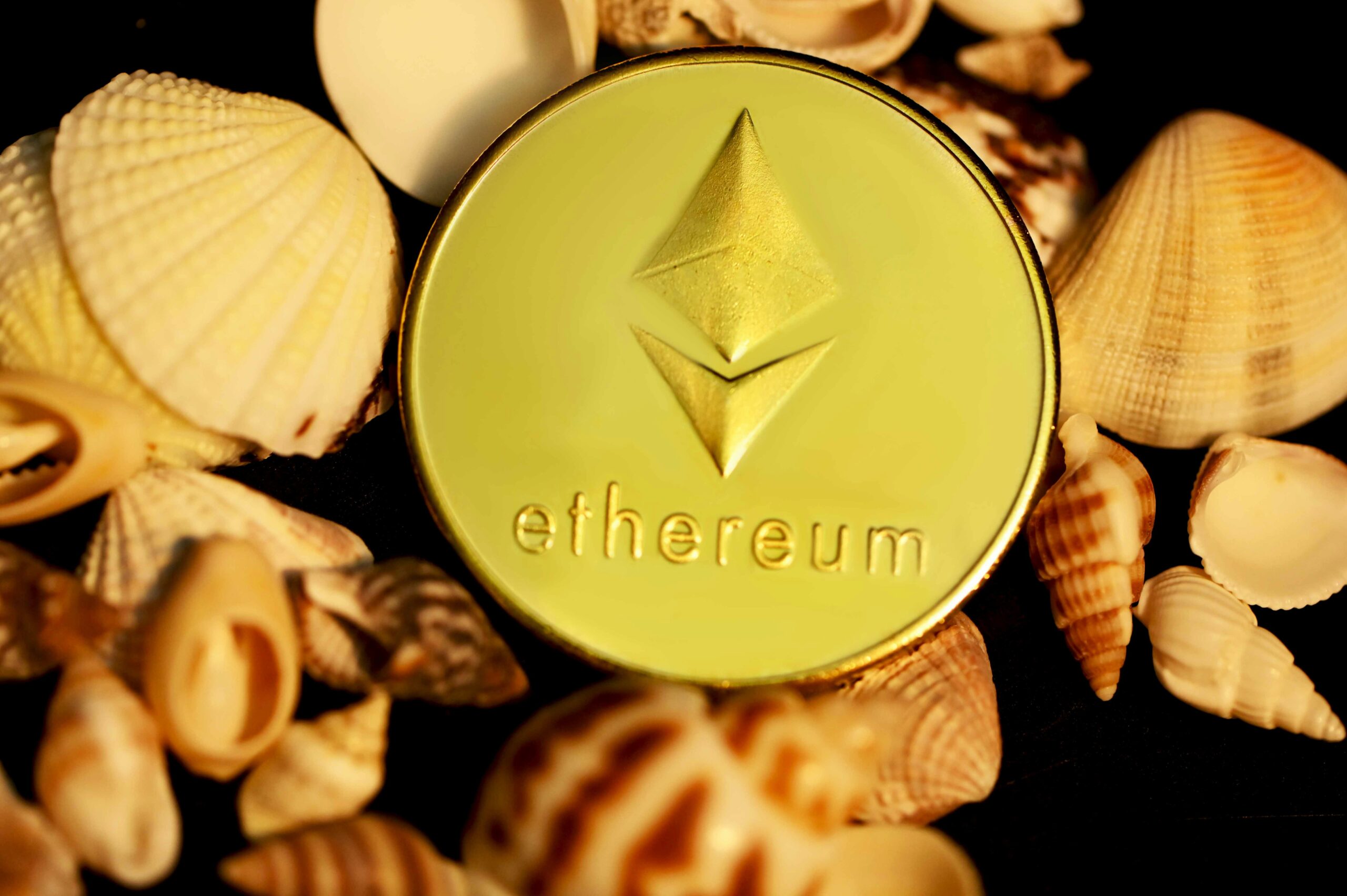 a gold ether coin surrounded by shells