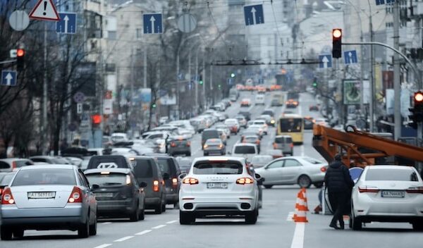 KYIV UKRAINE January 5 2018 Cars in traffic jam on city road