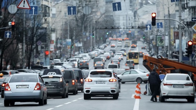 KYIV UKRAINE January 5 2018 Cars in traffic jam on city road