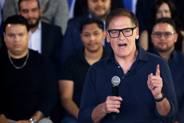 Mark Cuban speaking at a business roundtable hosted by the Kamala Harris for President campaign at Ocotillo in Phoenix, Arizona on October 19, 2024