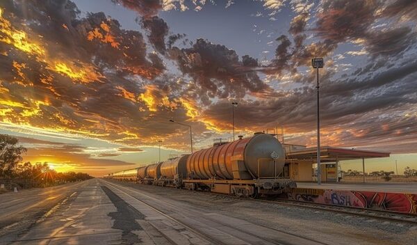 Road trains at a fuel station in Western Australia