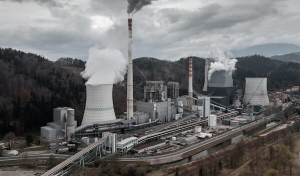 Chimney and tower of a coal power plant aerial view