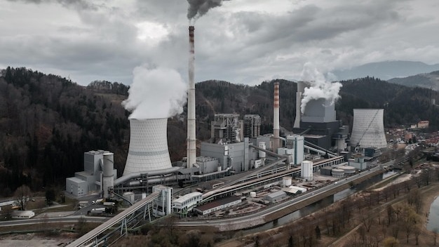 Chimney and tower of a coal power plant aerial view