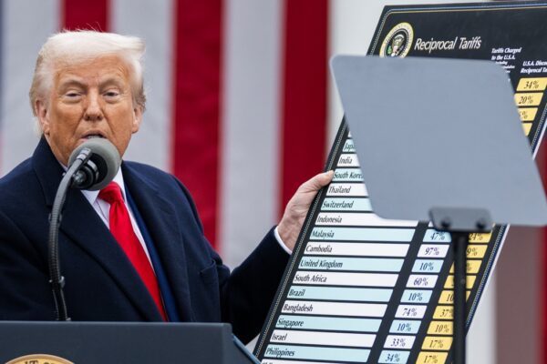 Donald Trump with new Presidential tariff chart on 2 April 2025 at the White House (cropped)