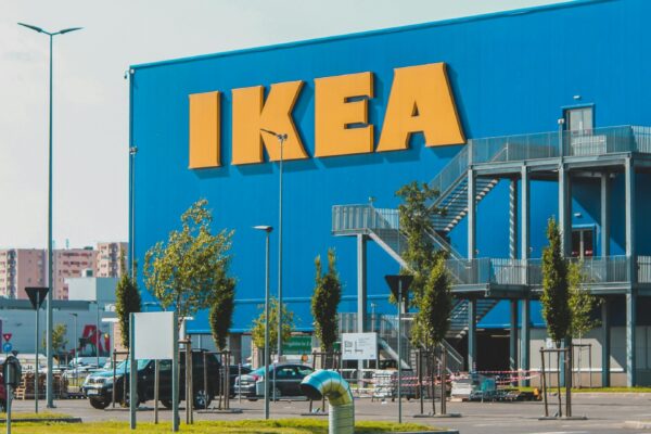 Vibrant exterior shot of an IKEA store in Berlin, featuring the iconic blue facade and yellow signage.