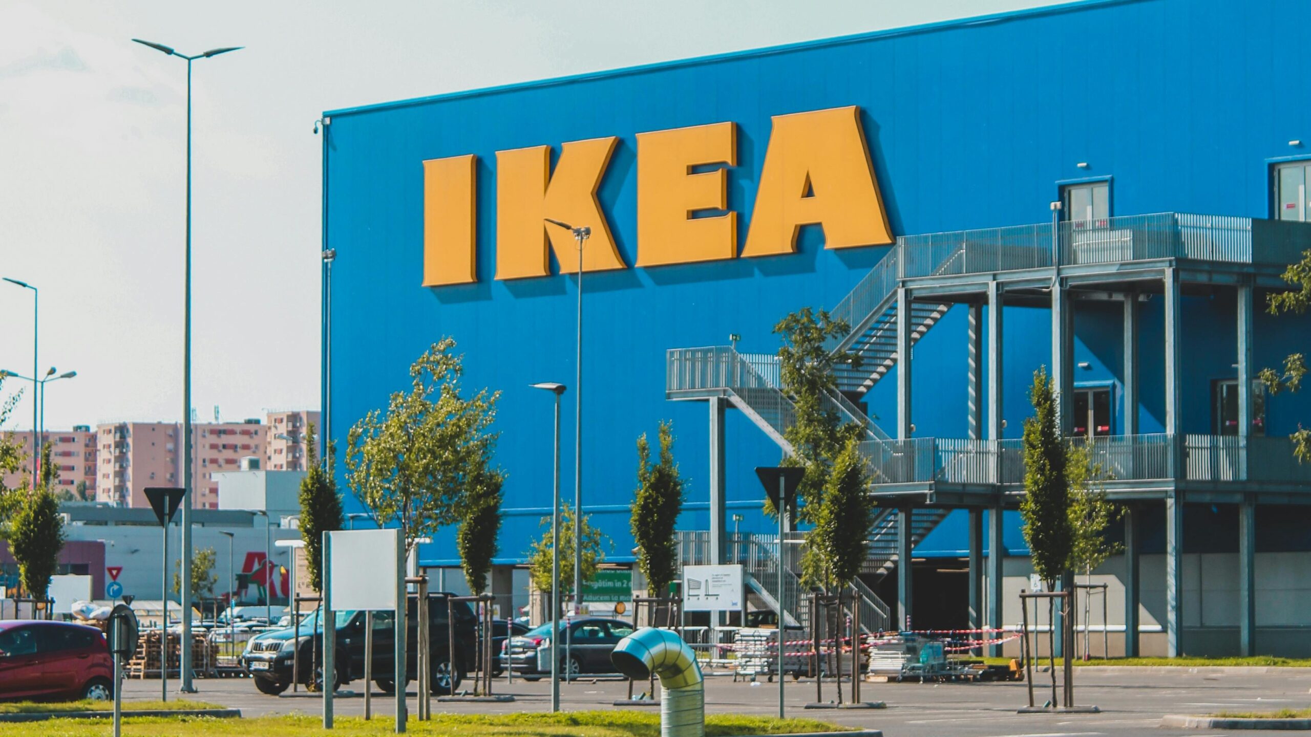 Vibrant exterior shot of an IKEA store in Berlin, featuring the iconic blue facade and yellow signage.