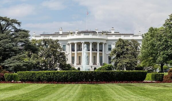 Grassy field with white house in background