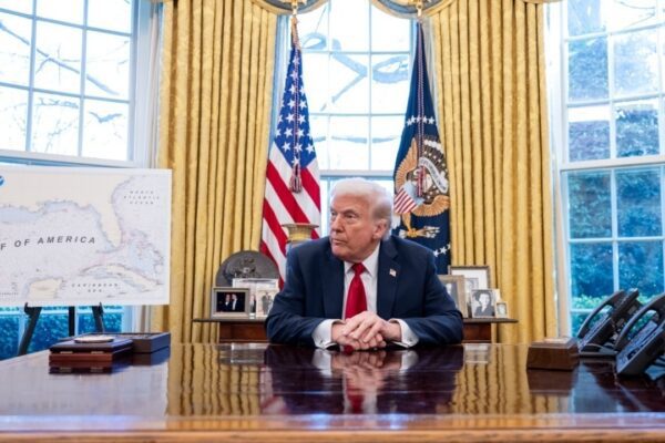 “Gulf of America” map and Donald Trump in the White House Oval Office on March 26, 2025