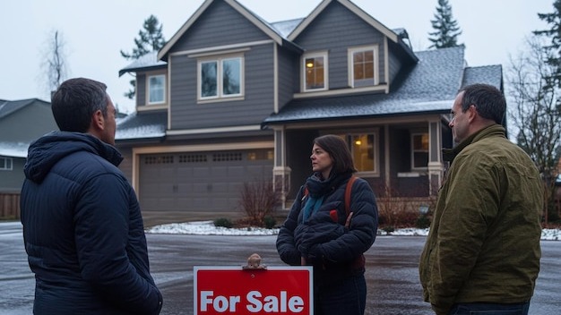 a man and a woman are standing in front of a house that says for sale