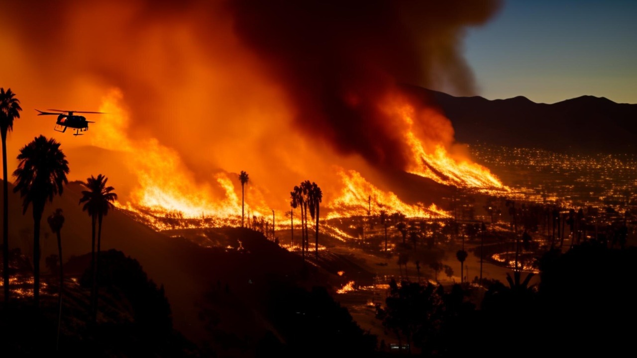 A dramatic scene of a wildfire in Malibu Los Angeles January 7 8 9 2025 with helicopters battl