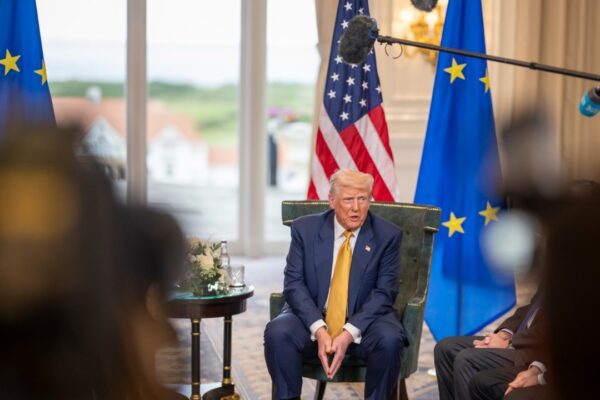 Donald Trump speaks to the press on Monday, 27 July 2025 in Scotland