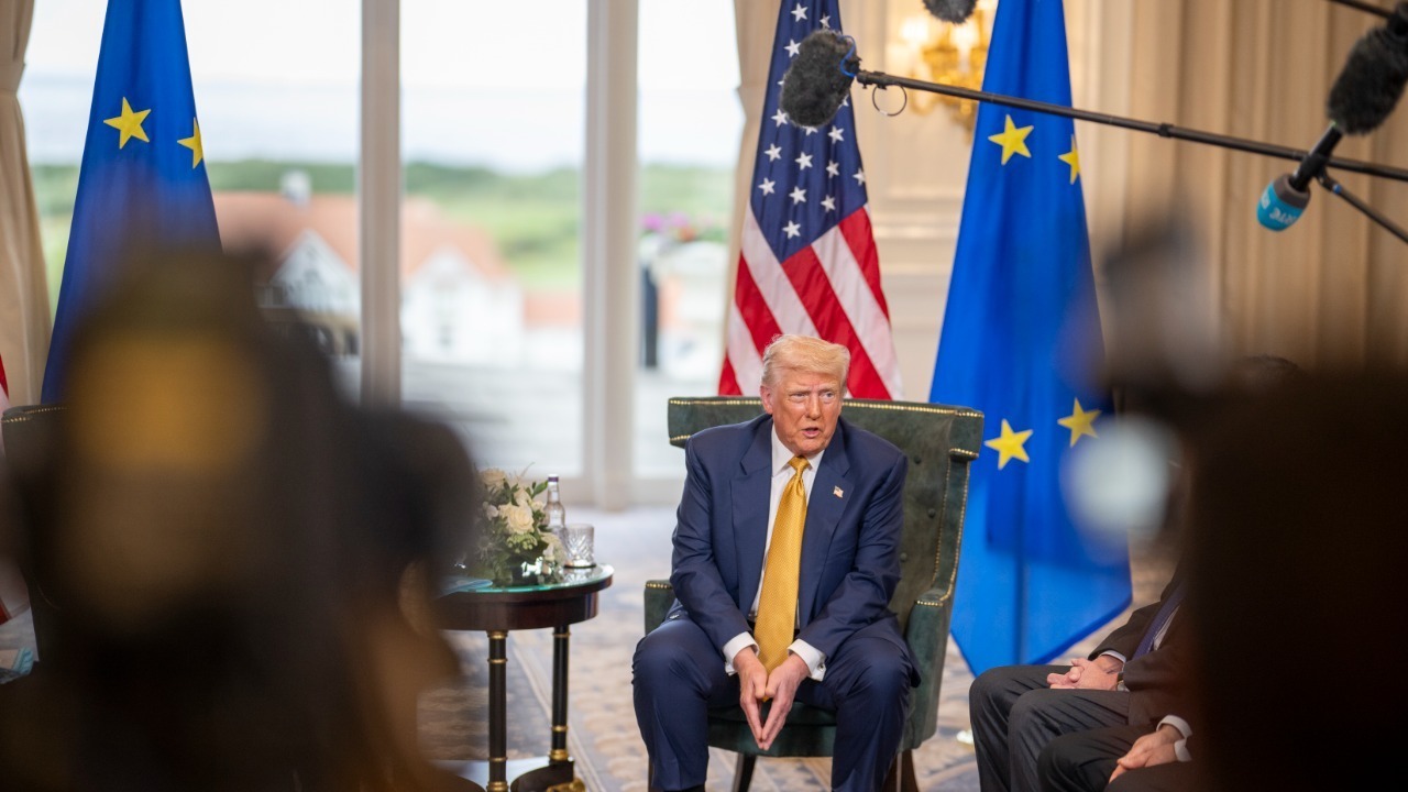 Donald Trump speaks to the press on Monday, 27 July 2025 in Scotland