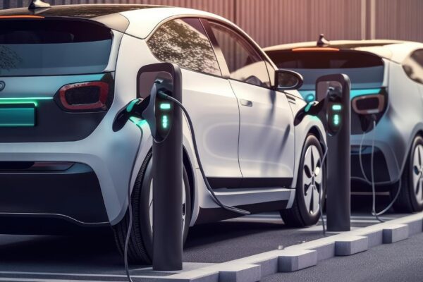 Electric car EV charging battery at charger station