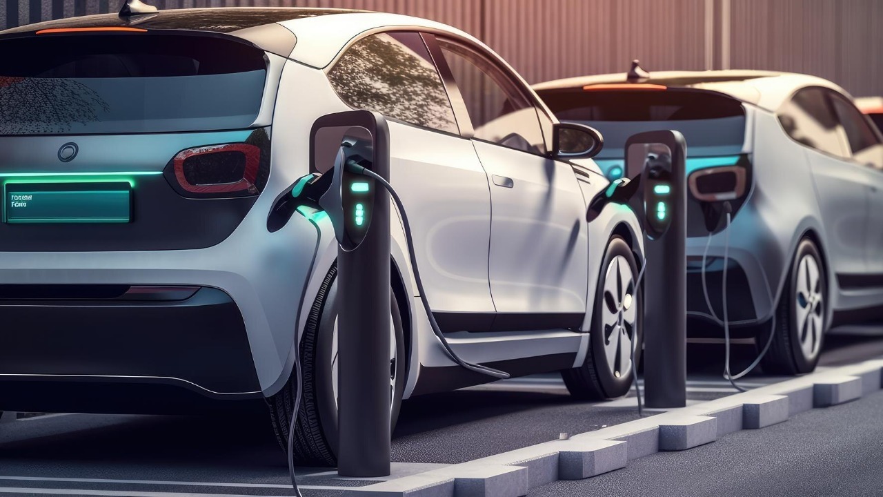 Electric car EV charging battery at charger station