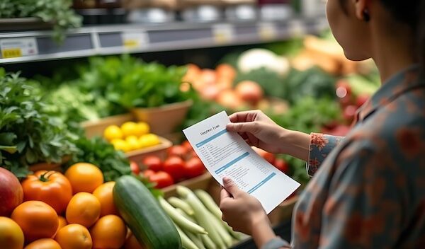 a woman is holding a piece of paper that says quot veggies quot
