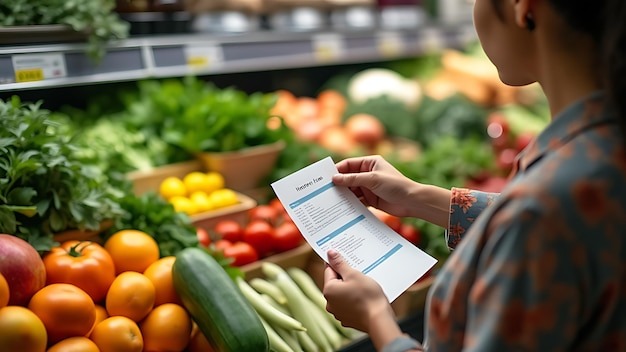 a woman is holding a piece of paper that says quot veggies quot
