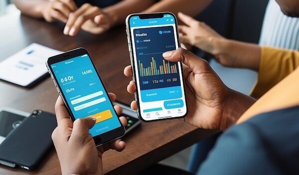 People making financial transactions via mobile app