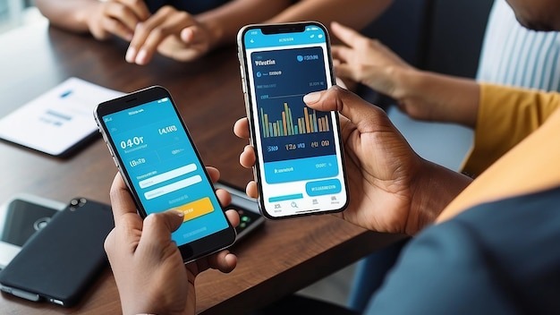 People making financial transactions via mobile app