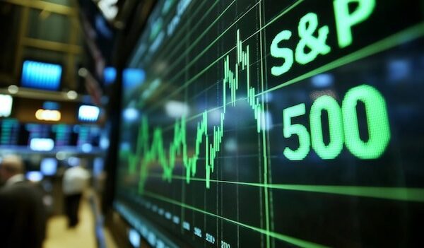 Closeup S and P 500 stock market chart displayed on a digital screen in trading environment Finance