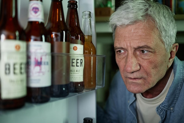 Senior man looking inside refrigerator containing beer bottles