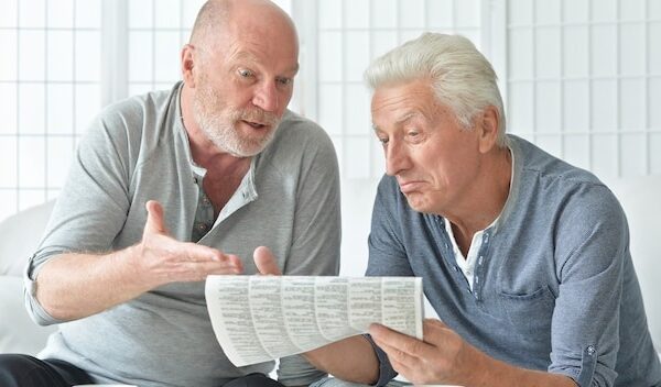 Two senior men with newspaper and tea at home
