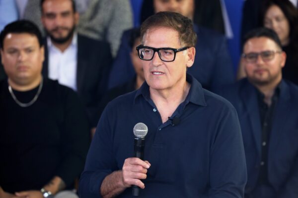 Mark Cuban speaking at a business roundtable hosted by the Kamala Harris for President campaign at Ocotillo in Phoenix, Arizona on October 19, 2024