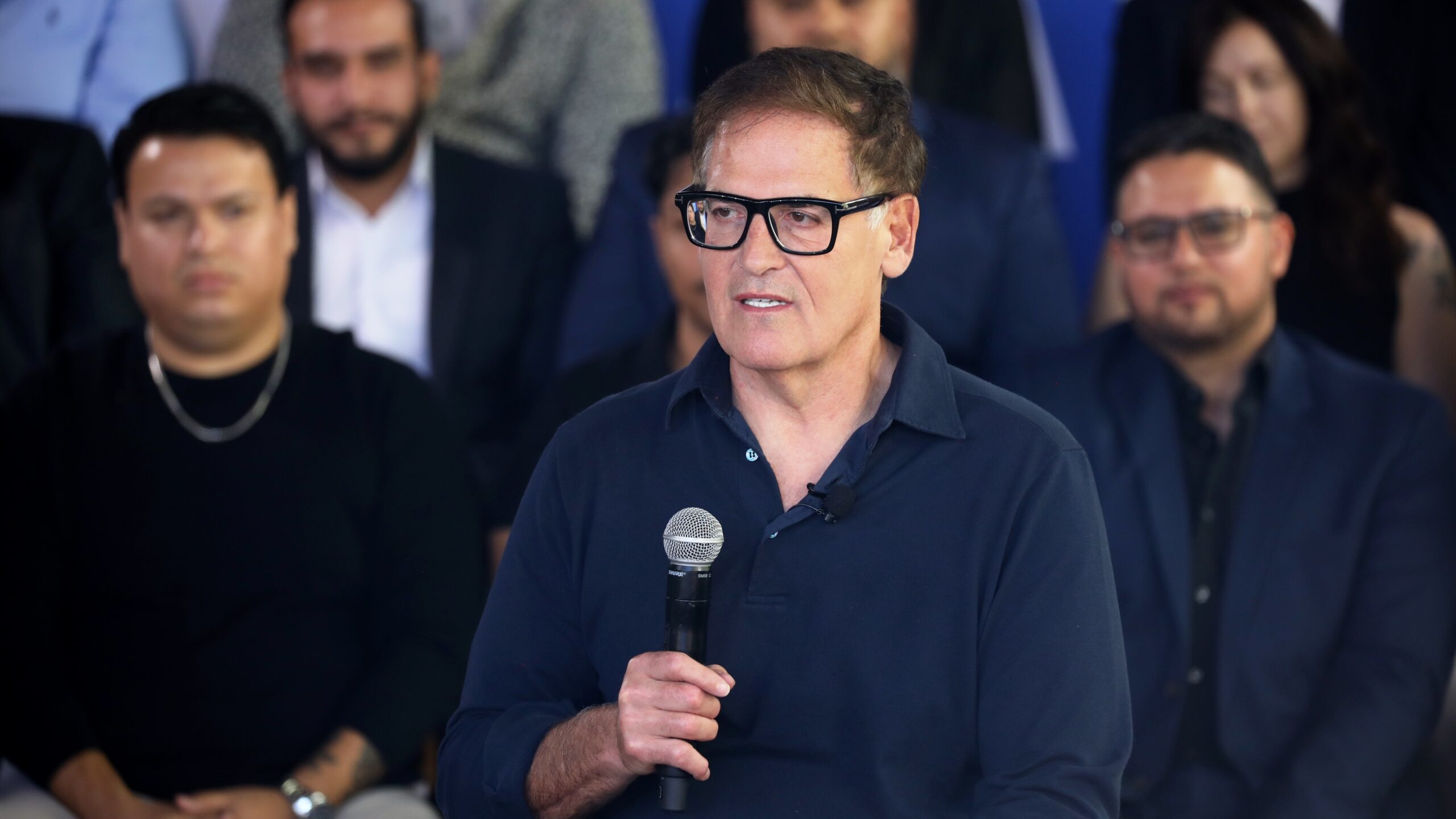 Mark Cuban speaking at a business roundtable hosted by the Kamala Harris for President campaign at Ocotillo in Phoenix, Arizona on October 19, 2024