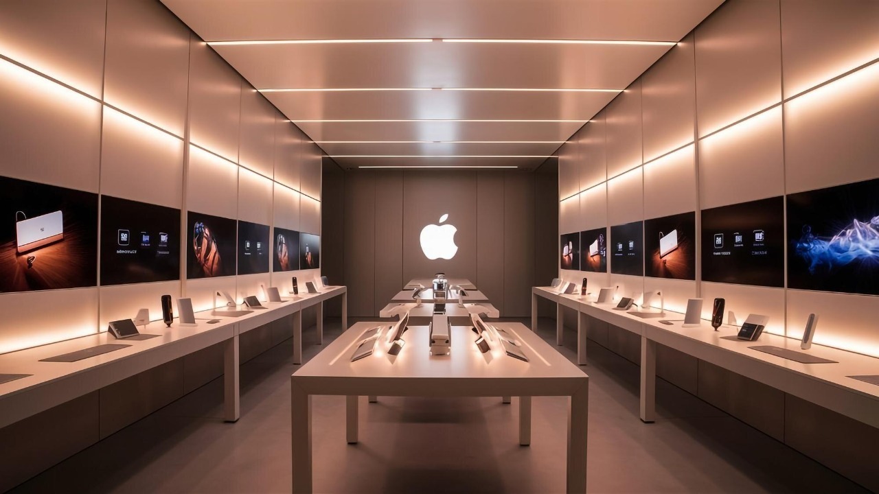 a white apple store with a silver apple on the wall