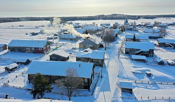 kimzha village top view, winter landscape russian north arkhangelsk district