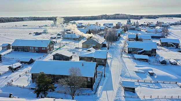 kimzha village top view, winter landscape russian north arkhangelsk district