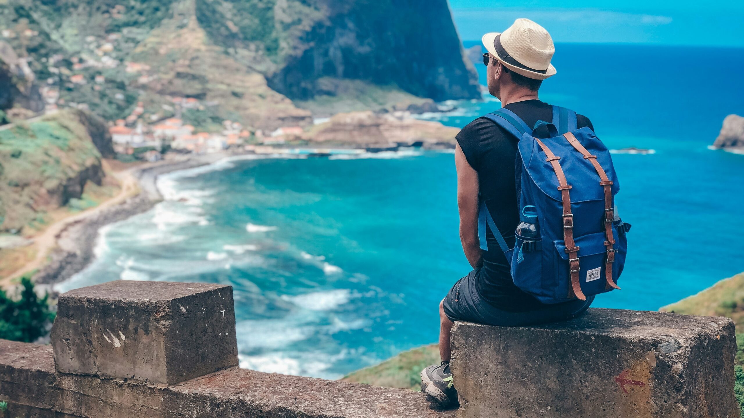 Man with backpack overlooks coastal village and ocean.