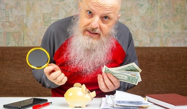 man carefully counting his money with a focused expression surrounded by documents and a piggy bank