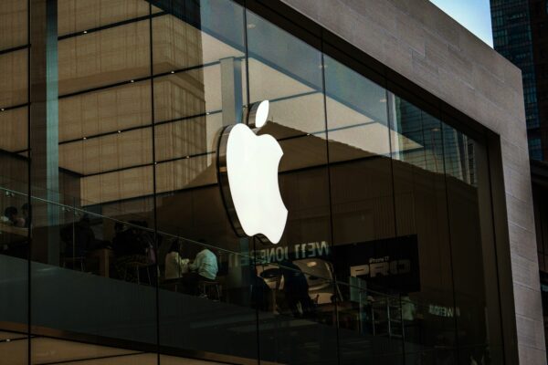 Apple store exterior with large illuminated logo
