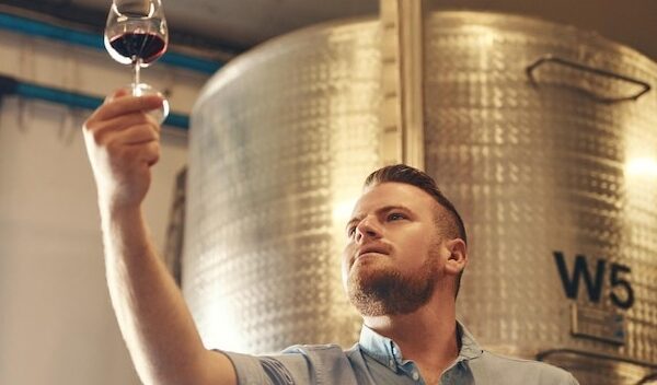 Basement drink and glass with man in wine cellar for industry manufacturing or production Barrel business and storage with serious sommelier at winery for distillation or fermentation of alcohol