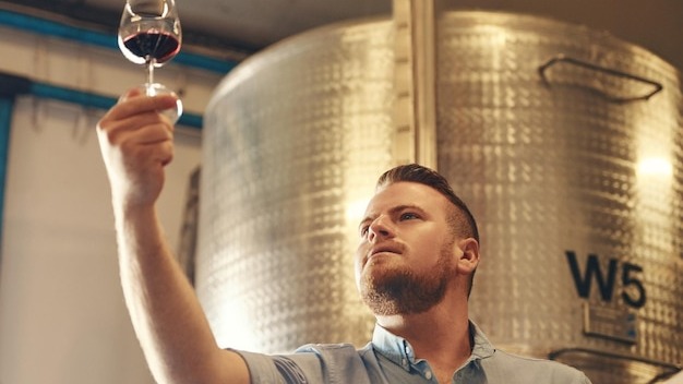 Basement drink and glass with man in wine cellar for industry manufacturing or production Barrel business and storage with serious sommelier at winery for distillation or fermentation of alcohol