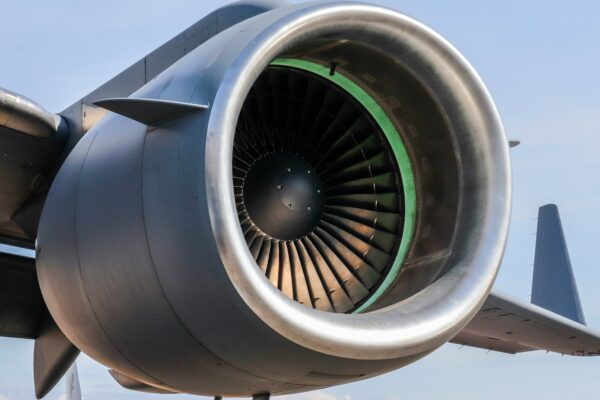 Close-up of a powerful jet engine on an airplane.