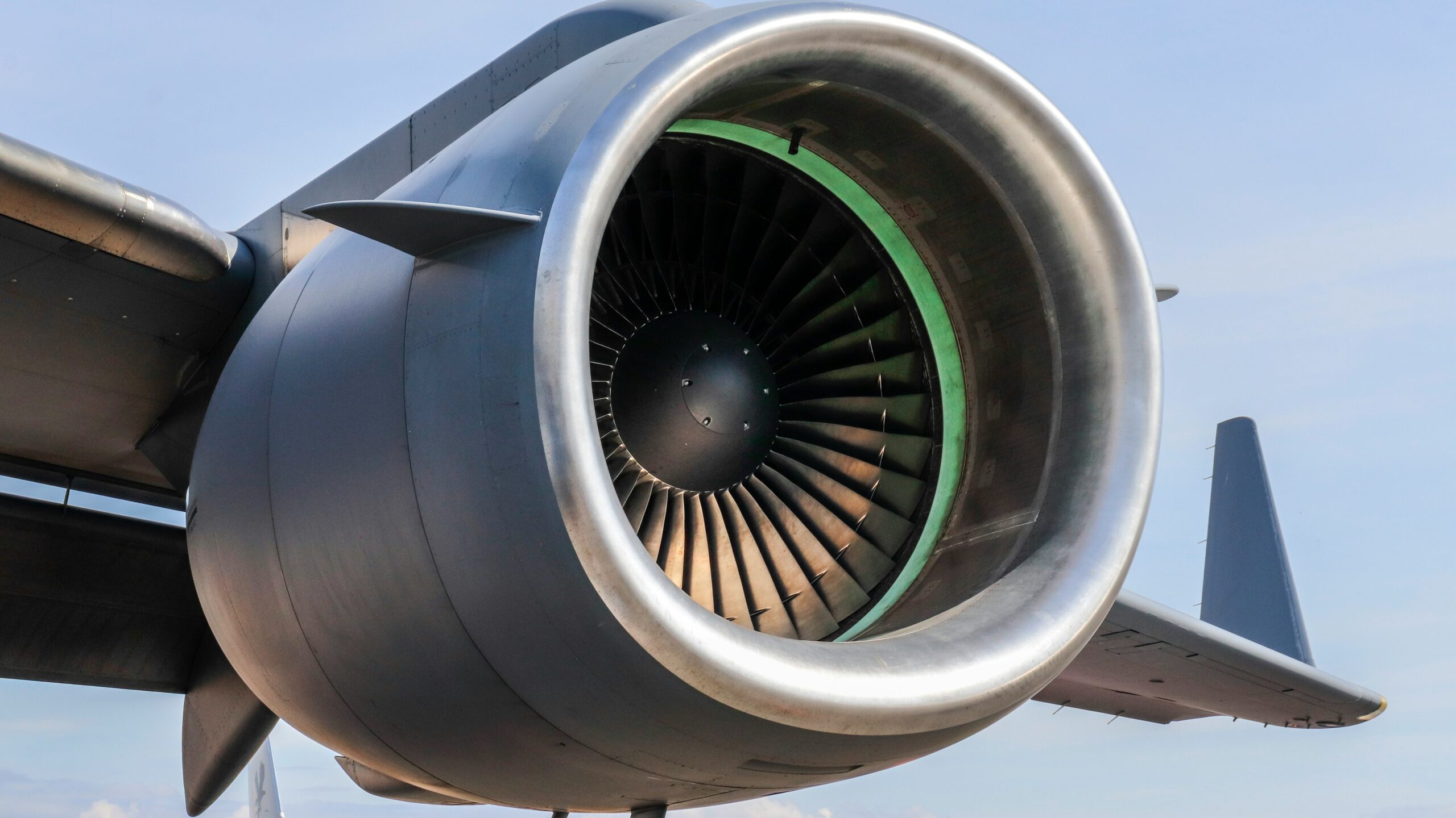 Close-up of a powerful jet engine on an airplane.