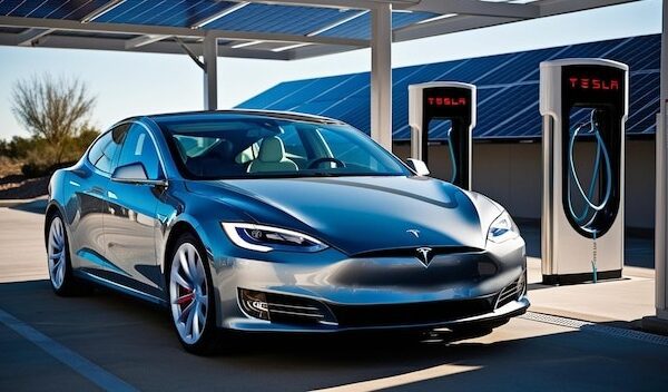 a close up of a tesla car parked in a parking lot