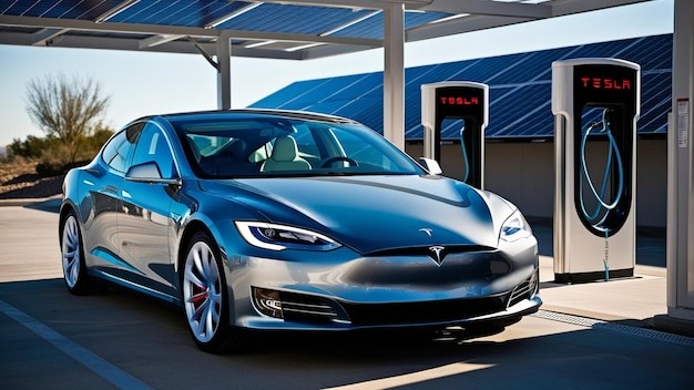 a close up of a tesla car parked in a parking lot