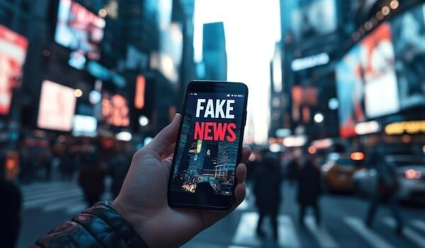 A person holding a smartphone displaying quotFAKE NEWSquot in a busy city street
